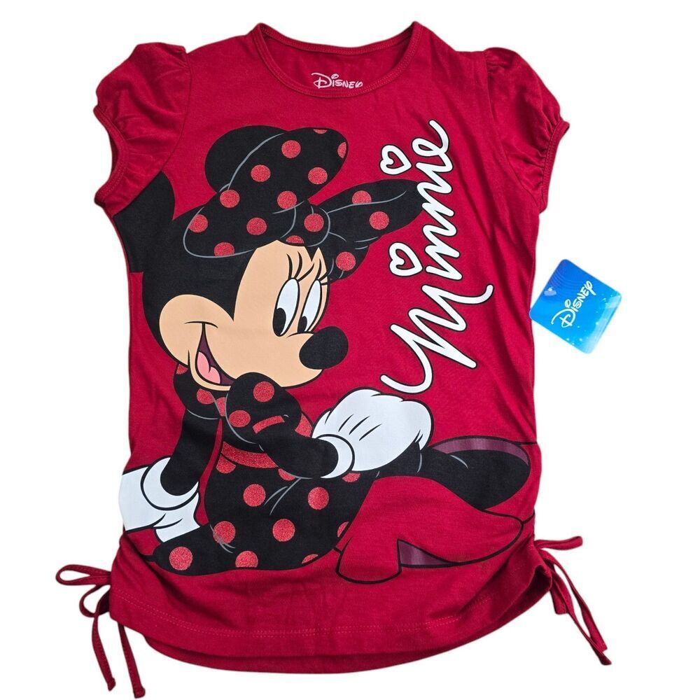 Disney Minnie Mouse Girls Red Glitter Shirt L/G 10/12 Short Sleeve w Side Ties